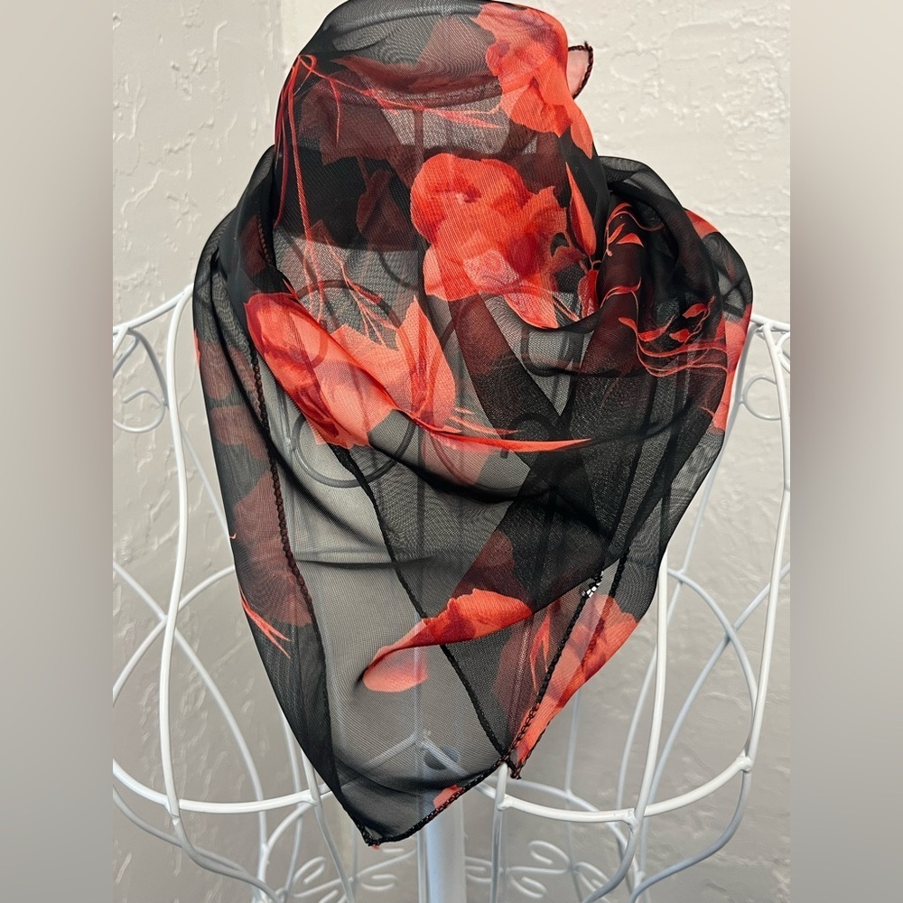 Vintage Black Red Roses Floral Sheer Nylon Scarf